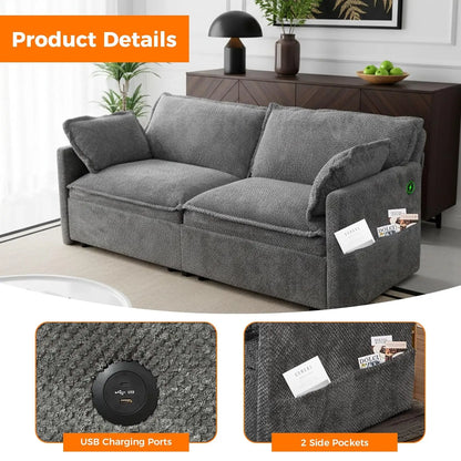 73in 3-in-1 Convertible Sofa Bed USB&C Ports Corduroy Sleeper with Side Pockets Living Room Bedroom Apartment Grey,...