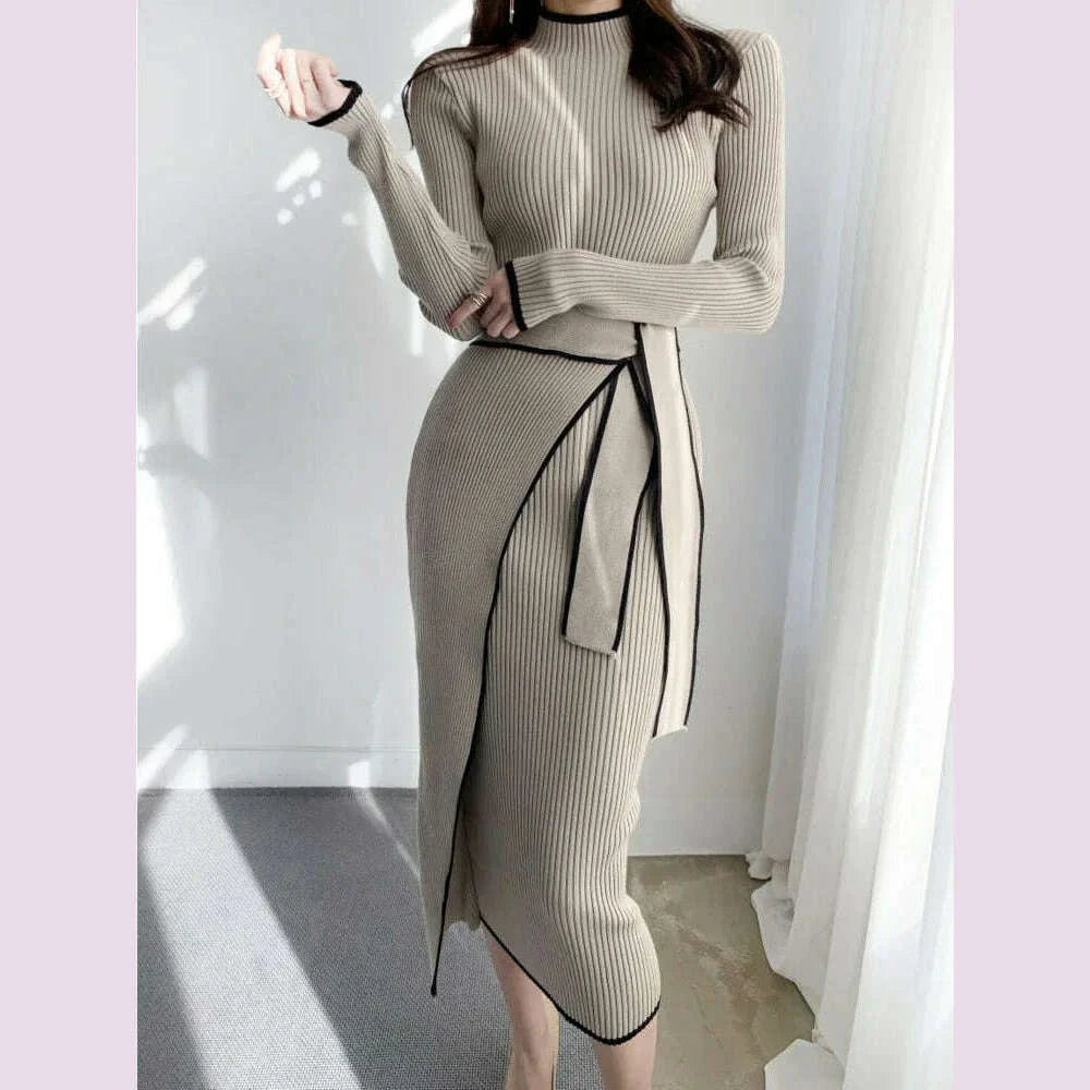 Elegant Stand Collar Contrast Bandage Long Sleeve Women Knitted Dress Autumn Korean Fashion Casual Knit Bodycondresses Vestidos