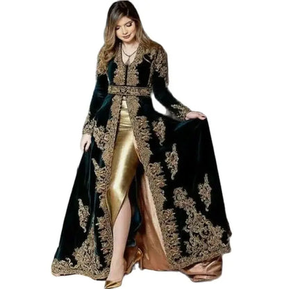 Elegant Black Gold Gown with V-neck Long Sleeve Velvet Applique Slit Floor-Length Evening Gown for Women Customized 2025 New