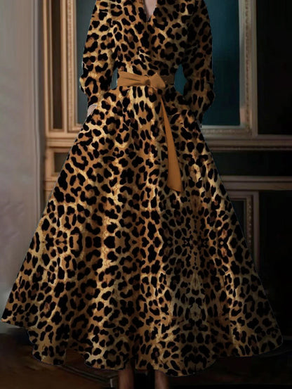 Leopard Print Long Sleeve Maxi Dress Women Stand Collar Boho Pocket Dress Party Guest Outfits for Spring Summer Evening Events
