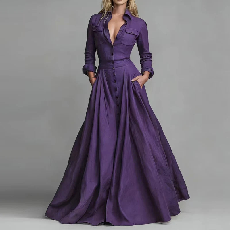 Casual Turn-down Collar Button Maxi Dress Woman Elegant Solid High Waist Swing Long Dresses Autumn Long Sleeve Pocket Boho Dress - Kimlud