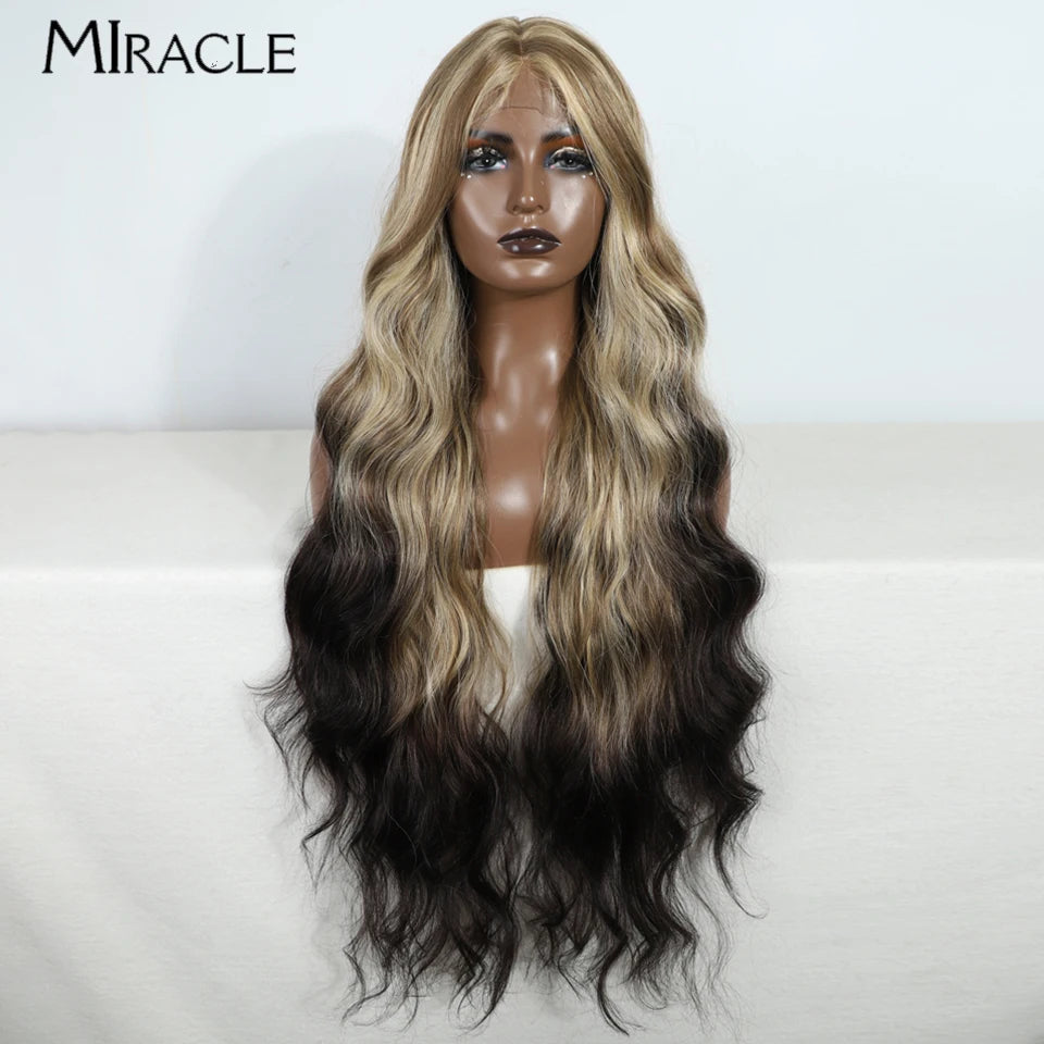 MIRACLE Synthetic 34 Inch Lace Front Wig for Women Ombre Blonde Loose Wave Wigs Famale Cosplay Wig Long Lace Wigs Wavy Fake Hair