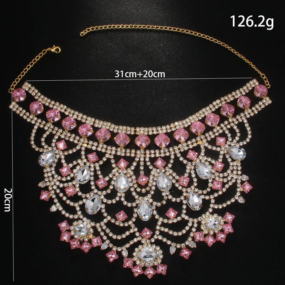Pink Exaggerated Choker Necklace for Women Wedding Jewelry Gifts Charming Oversize Rhinestone Chunky Choker Chain Drag Queen