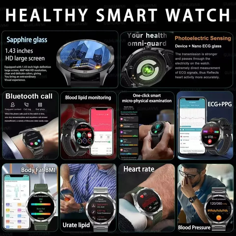 2025 New For Huawei ECG+PPG Laser Treatment Health Smart Watch Three highs Clock Blood pressure Heart rate Men HD Call Bracelet