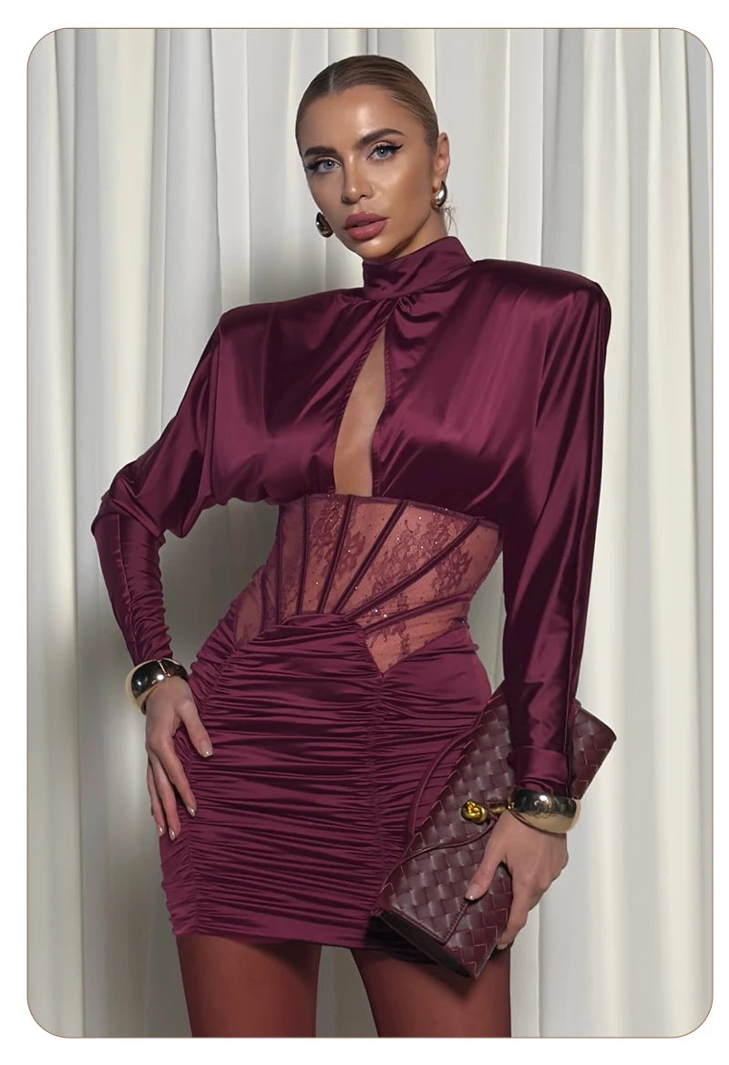VC Elegant Burgundy Satin Mini Dress with Lace Corset Detail Long Sleeve High Neck Ruched Party Dress for Evening Events & Prom