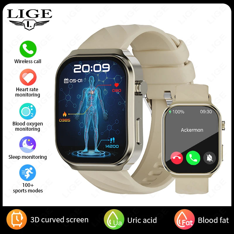 LIGE 2025 New AI Healthy Diagnose Smart Watch Blood Lipid Uric Acid Bluetooth Call Blood Pressure Health Smartwatch Men Women