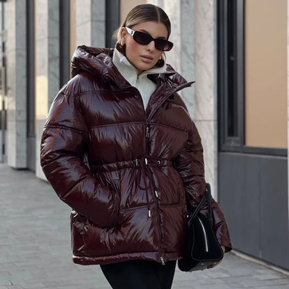 Casual Shiny Hooded Cotton Jackets Women Stand Collar Zipper Drawstring Waist Solid Coat 2025 Winter Lady Chic Warm Outwears New
