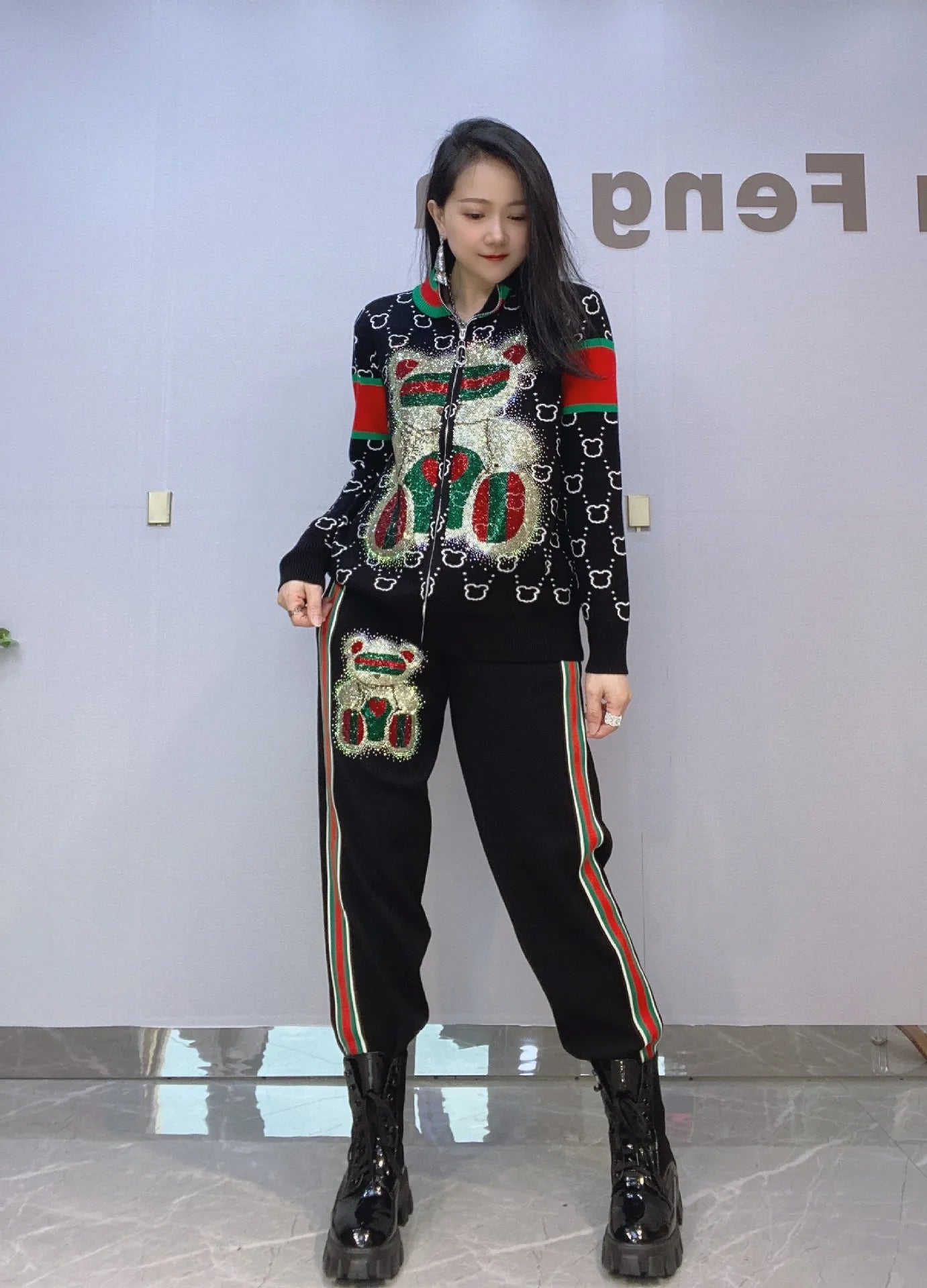 Fashion Bear Diamonds Side Stripe Pant Sets Women Autumn Tracksuit Zipper Sweater Loose Casual Two Piece Sets Womens Outifits - Kimlud
