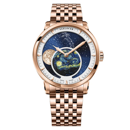 AGELOCER Original Astronomer Watch Men's Business Luxury Gold Watch Automatic Mechanical Moon Phase Watch Birthday Gift for Men