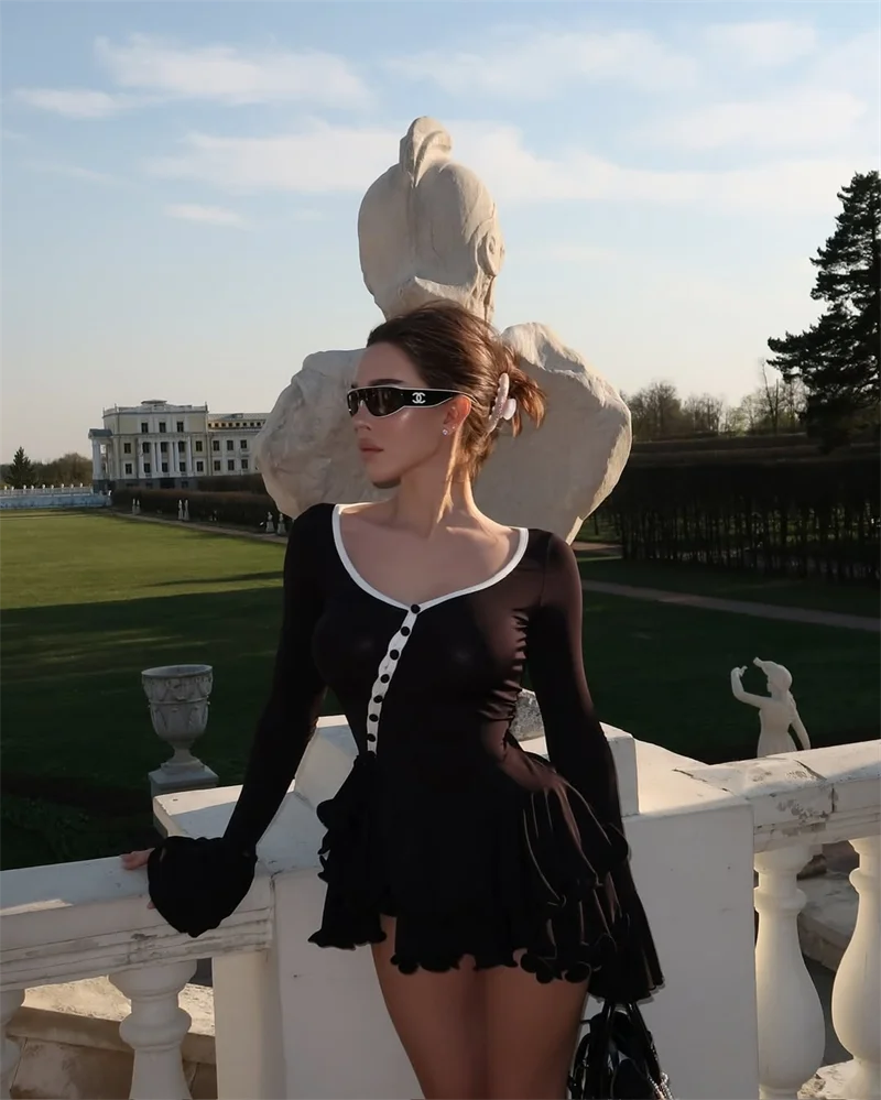 Absobe Women's A-Line Bodycon Mini Dress Ruffle Hem V-Neck Asymmetrical Buttons Long Sleeve Short Dress Party Streetwear Outfits