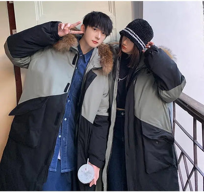 Men's Parkas Hooded Down Jacket Couple Mid-length Over-the-knee Loose Animal Fur Collar Jackets Zipper Pockets Thick Tops Coat