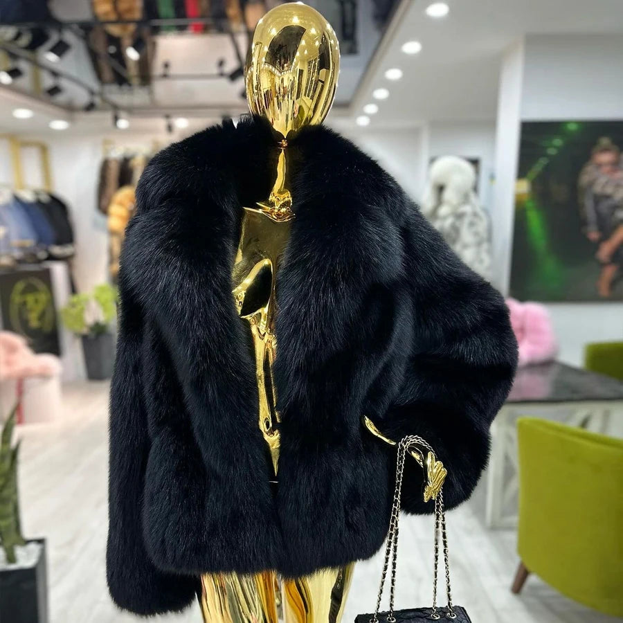 New Fox Fur Jackets For Woman Natural Fox Fur Coat With Turndown Collar Black Fur Jacket For Women