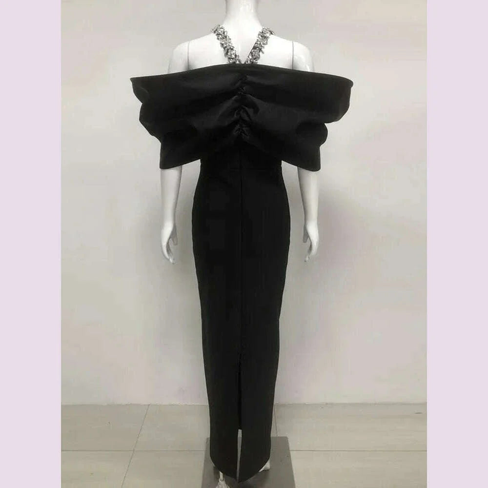 Women Sexy Off Shoulder Ruched Black Maxi Long Diamonds Celebrity Bodycon Bandage Dress 2025 Elegant Evening Club Party Dress