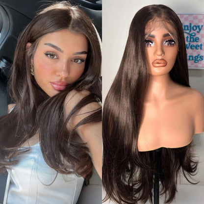 Chestnut Brown Wig Long Curly Wavy Synthetic Hair Wig Free Part Natural Wave 13X4 Lace Front Wigs for Women Daily Party Cosplay