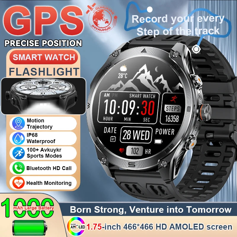 1.75''AMOLED Screen Smart Watch Men 10ATM Waterproof Compass GPS Smartwatch Bluetooth Call 1000mAh Large Battery Sports Bracelet