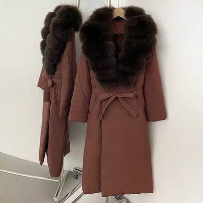 OFTBUY Long Puffer coat Real Fox Fur White Duck Down Coat New Winter Women Collar Fluffy  Jacket Female Thick Warm Reality Fur