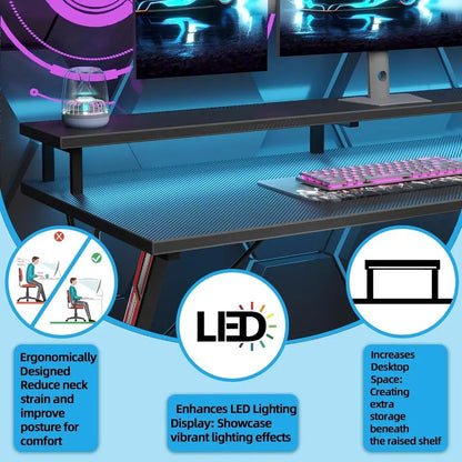 40 Ergonomic Carbon Fiber Gaming Desk with LED, Power Outlets, and Monitor Stand for PC Workstation or Bedroom