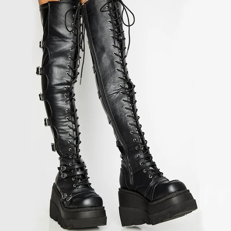 Brand Design Big Size 43 Shoelaces Cosplay Motorcycles Boots Buckles Platform Wedges High Heels Thigh High Boots Women Shoes