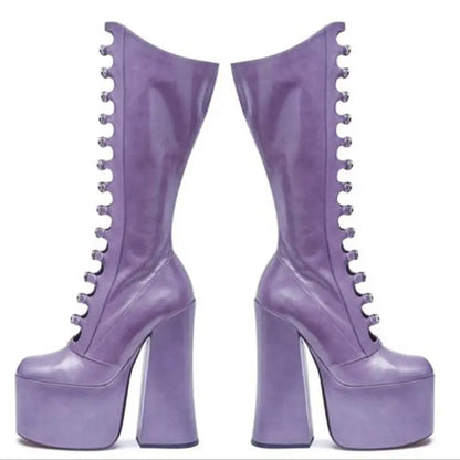 Women's Autumn Thick Bottom Hollow Knee High Boots Side Zipper Square Heel Pole Dance Female Sexy Shoes Super High Heel Platform - Kimlud