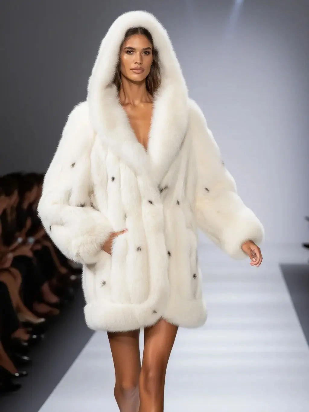 Polka Dot real fox fur coat with hood Mid-length overcoat 250465