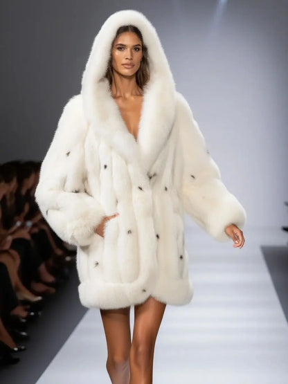 Polka Dot real fox fur coat with hood Mid-length overcoat 250465