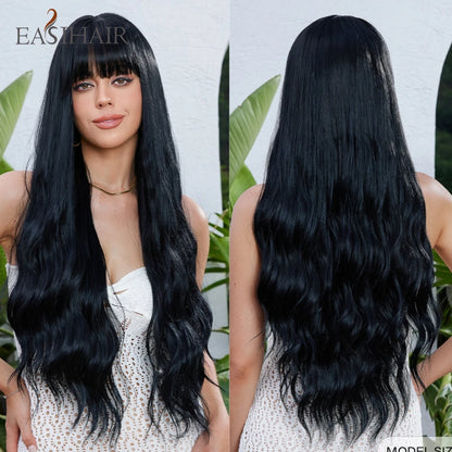 EASIHAIR Sandy Blonde Golden Wavy Synthetic Wigs with Long Bangs Cosplay Lolita Party Hair Wigs for Women Natural Heat Resistant