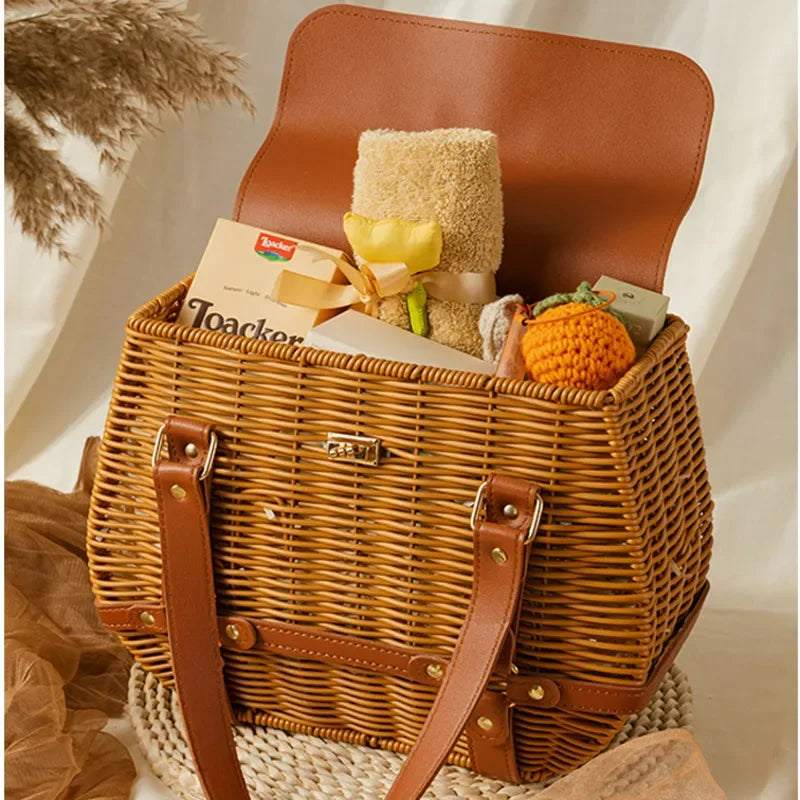 Rattan Woven Handbag with Storage Box Forest Department Pastoral Beach Holiday Wind Female Bag INS Wind Handbag