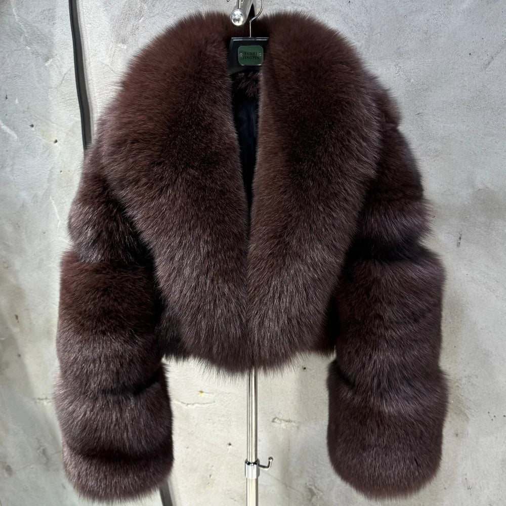 # Real Fox Fur Jacket Lady Real Fox Fur Coat Short Female Long Sleeve Natural Fur Cloth with Collar