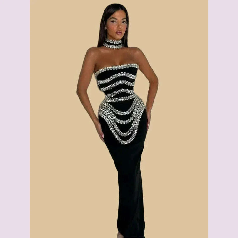 Brand New Ins 2025 Women Black Strapless Crystal Bandage Bodycon Dress Designer Collar Elegant Evening Party Dress Vestido