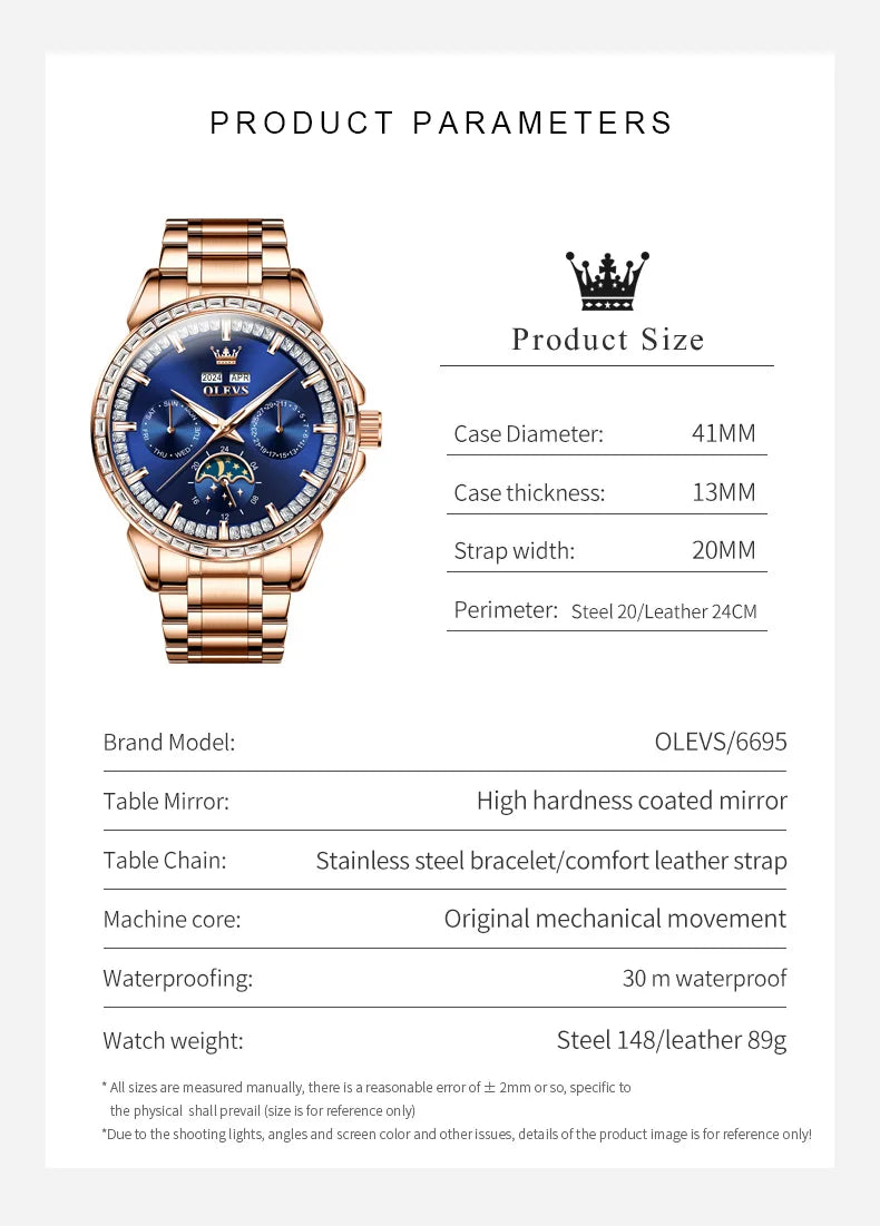 OLEVS 6695 Watch For Men Original Moon Phase Automatic Mechanical Man Watch 30M Waterproof Luminous Week Date Display...