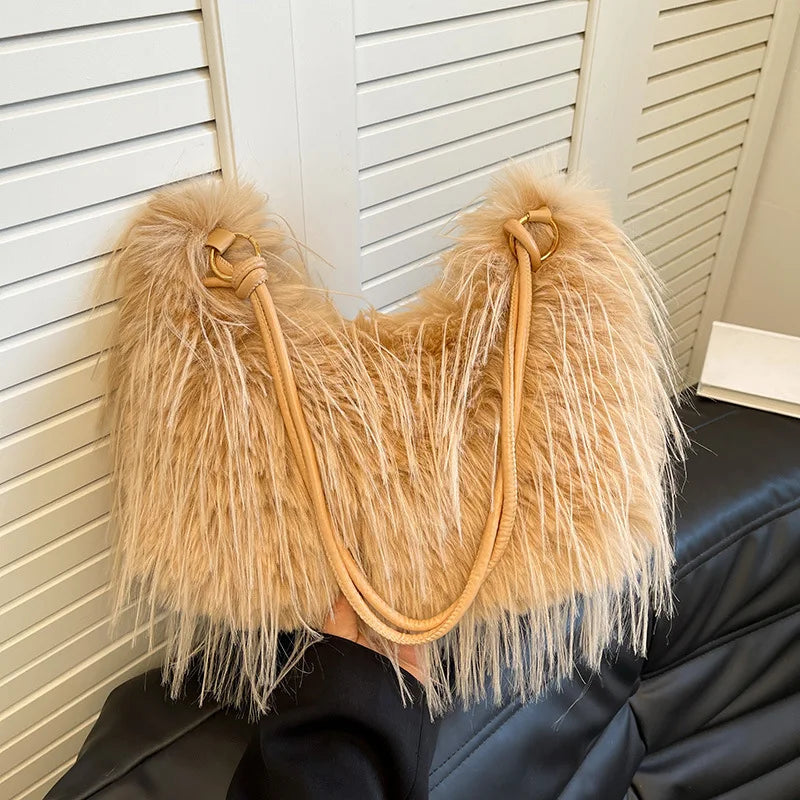 Trendy Large Capacity Plush Tote Bag Women's Crossbody Commuter Armpit Bag Street Style Fashion Soft Synthetic Leather Interior