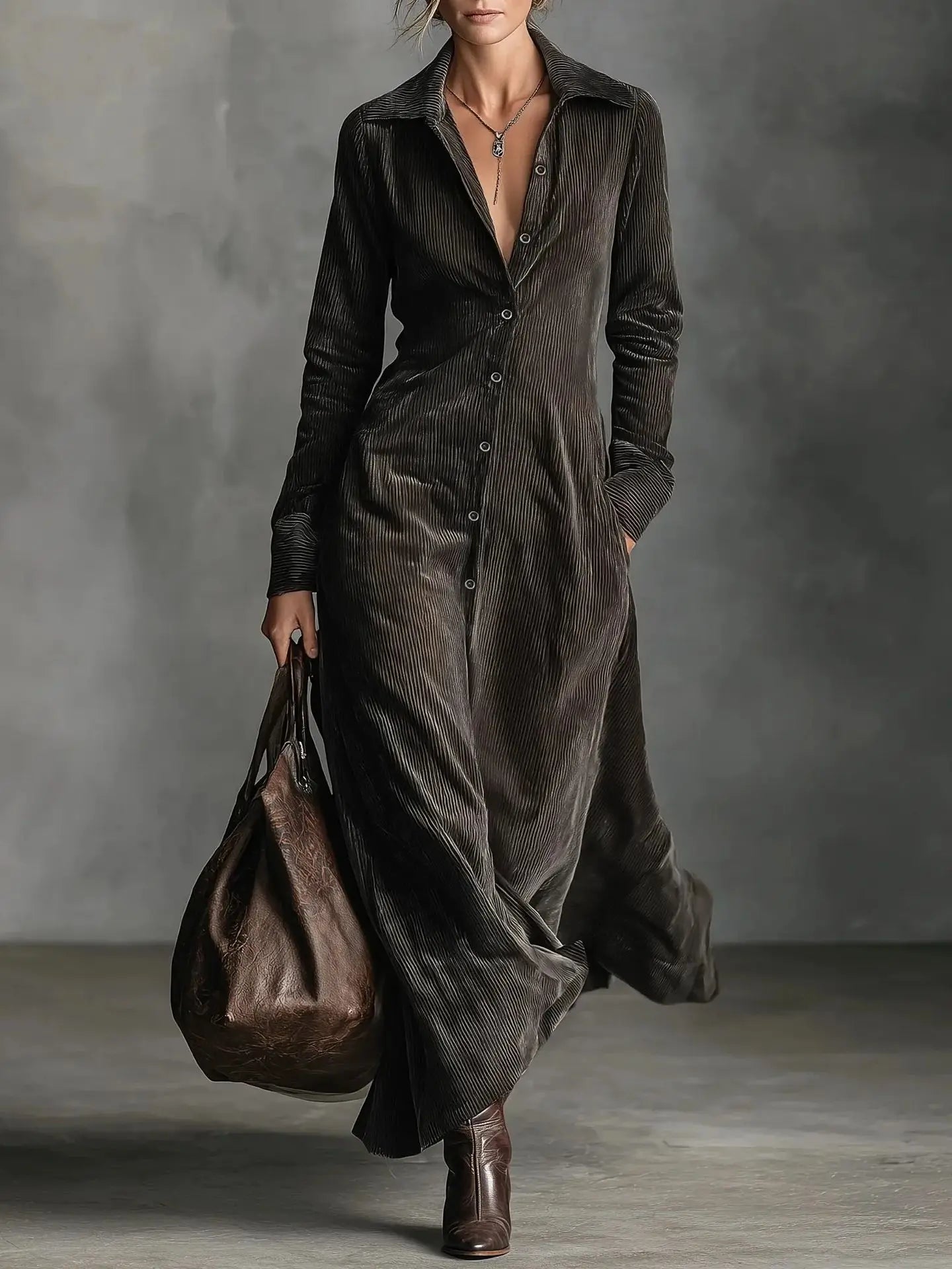 Womens Corduroy Dress Retro High Street Style Turndown Collar Single Breasted Long Sleeve Slim Fit with Pockets Autumn