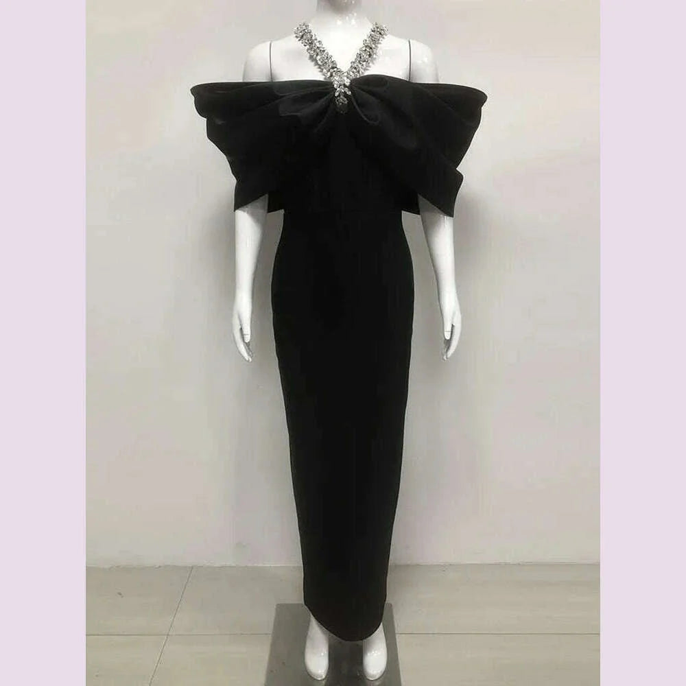 Women Sexy Off Shoulder Ruched Black Maxi Long Diamonds Celebrity Bodycon Bandage Dress 2025 Elegant Evening Club Party Dress