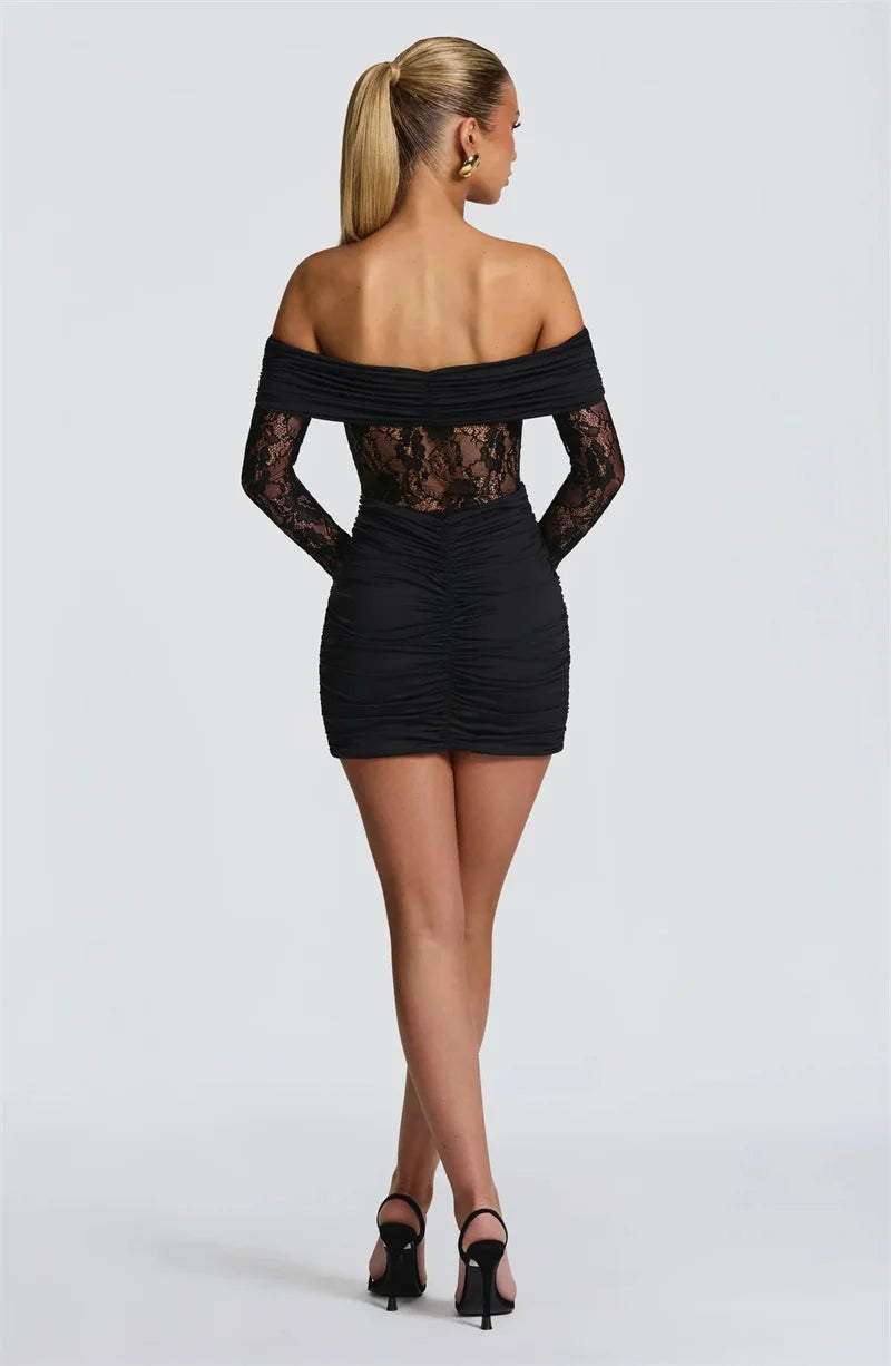 Mozision Off-shoulder Strapless Backless Sexy Mini Dress Women Gown Elegant Lace See Through Long Sleeve Ruched Club Party Dress