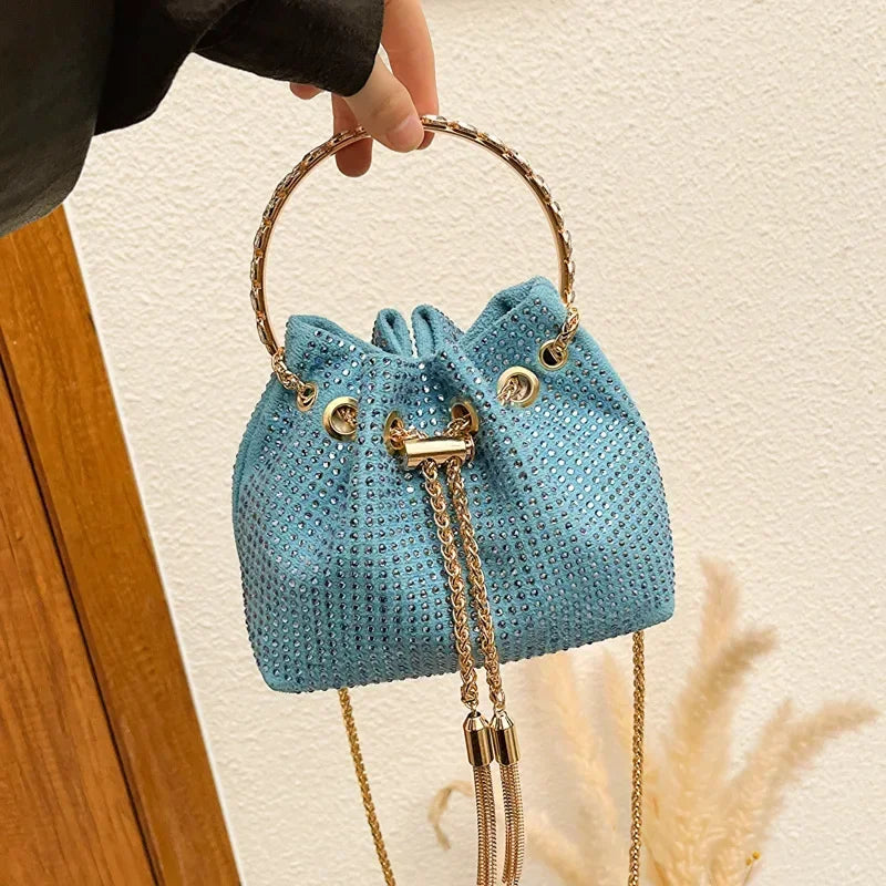 Luxury Diamonds Tassel Evening Clutch Bag Women Designer Chain Metal Ring Handle Shiny Crystal Bucket Purse Bridal Wedding Party