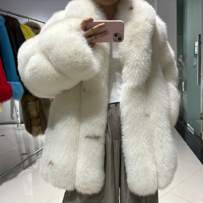 YOLOAgain Women's Luxury White Fox Fur Coat 2024 Winter Warm Real Fox Fur Jacket
