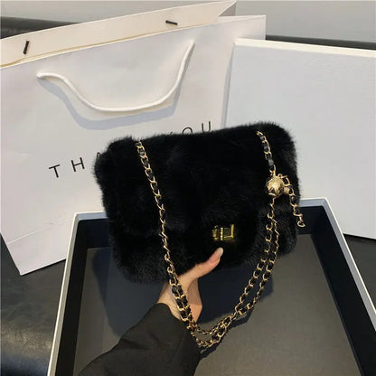 Mini Furry Chain Shoulder Bag for Women New Style Autumn Winter Casual Pure Color Polyester Velvet Lining Crossbody Bag