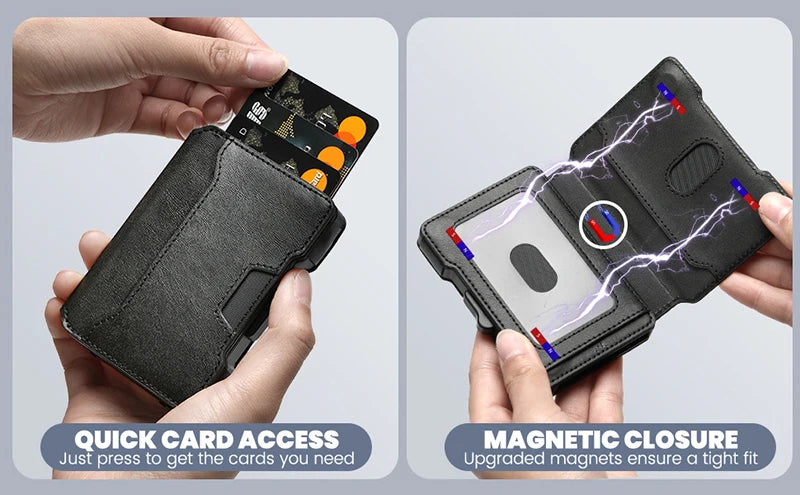 Minimalist Mens Wallet with Money Clip, Aluminum Pop Up Card Case and Leather Slots Credit Card Holder RFID Blocking Wallet