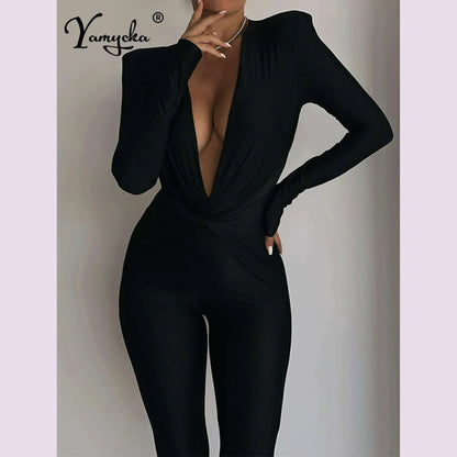 Sexy black satin bodycon jumpsuit women pants summer one pieces romper jumpsuit woman elegant long sleeve jumpsuits club outfits
