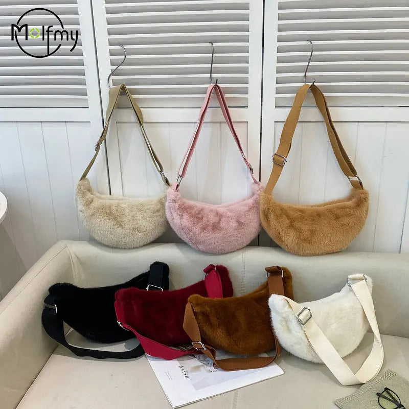 Soft Plush Shoulder Underarm Bags Fluffy Solid Color Bags Purse Autumn Winter Handbag Women Lady Fashion Storage Pouch 2025 New
