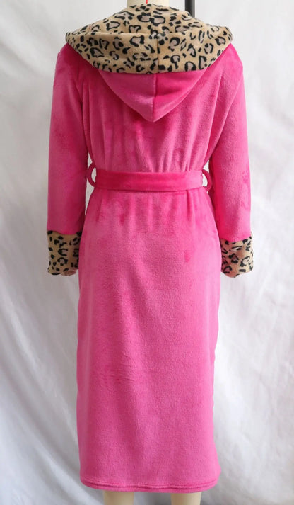 Warm Flannel Bathrobe Gown Women Sexy Leopard Print Robe with Belt Thicken Autumn Winter New Kimono Hooded Nightgown Loungewear