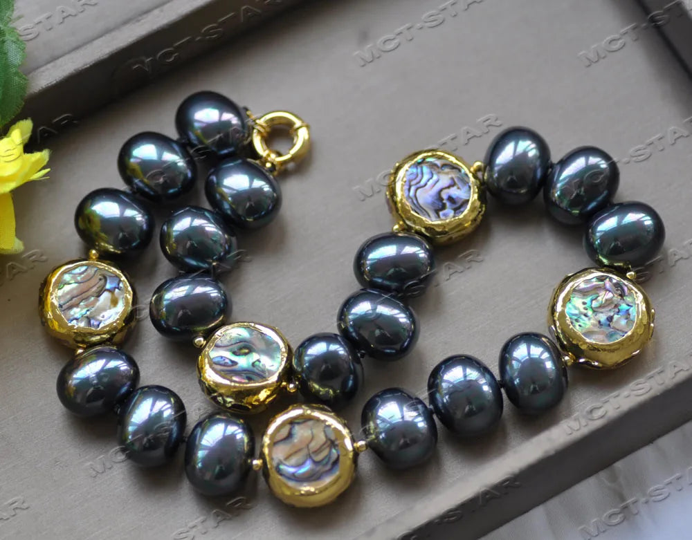 Z12723 18" 25mm Abalone Shell Gold-Plated Peacock-Black White Egg South Sea Shell Pearl Necklace