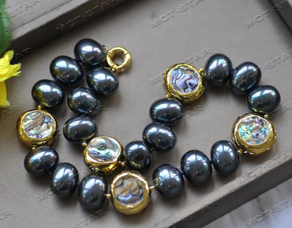 Z12723 18" 25mm Abalone Shell Gold-Plated Peacock-Black White Egg South Sea Shell Pearl Necklace