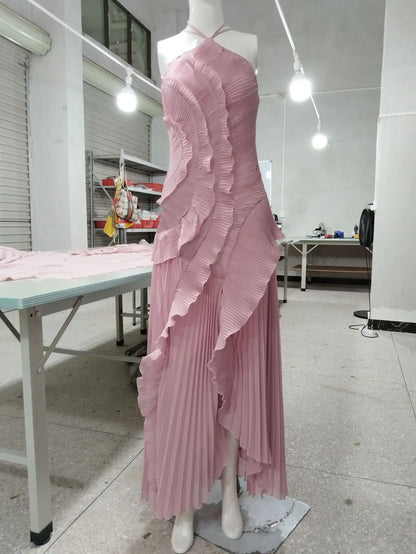 Chiffon Pleated Patchwork Sleeveless Summer Dress Women Elegant Halter Backless Split Maxi Dress Ladies Party Evening Dress 2025