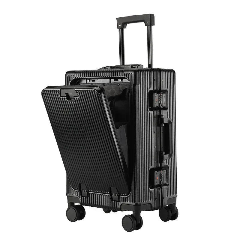 Front Opening Large Capacity Rolling Luggage Case Aluminum Frame Trolley Case USB Charging Boarding Suitcase With cup holders