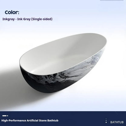Luxury marble-patterned freestanding bathtub, oval-shaped artificial stone soaking tub, suitable for hotels and villas.