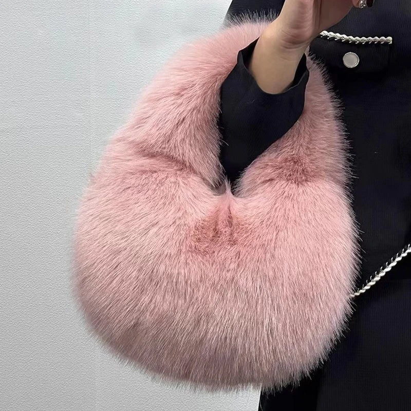 Fashion Soft Plush Half Moon Bags for Women Designer Fluffy Faux Fur Lady Handbags Luxury Small Tote Female Winter Purses