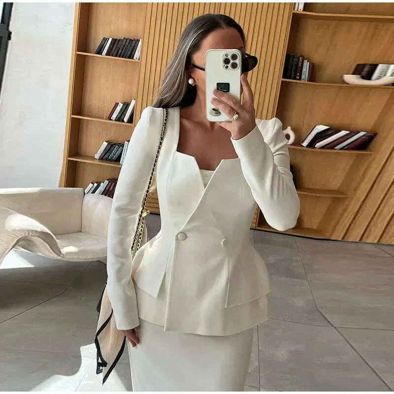 Elegant BlazerCoat Skirt Set Women Double Breasted Square Collar Slim Jacket And Midi Skirts Suits 2 Pieces Office Chic Outfits