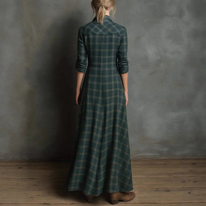 Elegant Long Sleeve Plaid Shirt Dress Fashionable Checkered Collar Dress A- Line Midi Skirt Stylish Commute Wear Polyester Fabri