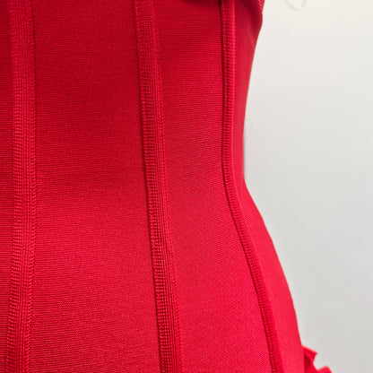 VC Christmas Dress Strapless Backless Red Structured Floral Embellished Mini Length Bodycon Celebrity Party Cocktail Dress